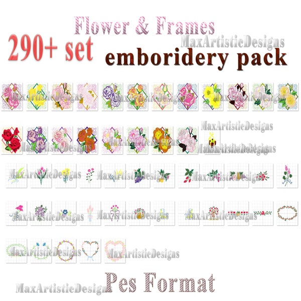 290+ Flowers & Frames embroidery files pes jpg format, bouquets frames roses - digital download