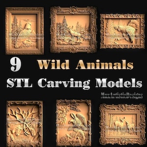 9 paneles de bajorrelieve de animales salvajes en stl 3d para tallado/grabado con máquinas fresadoras CNC - descarga digital