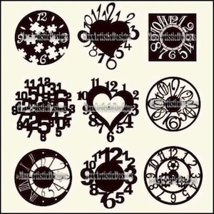 May include: Nine different clock face designs with black numbers on a white background. The designs include a heart, a jigsaw puzzle, a square, a circle, and a cog.