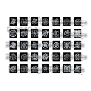May include: A set of 36 black and white digital clipart images featuring intricate, geometric designs. The designs are reminiscent of traditional lace patterns and are perfect for adding a touch of elegance to any project.