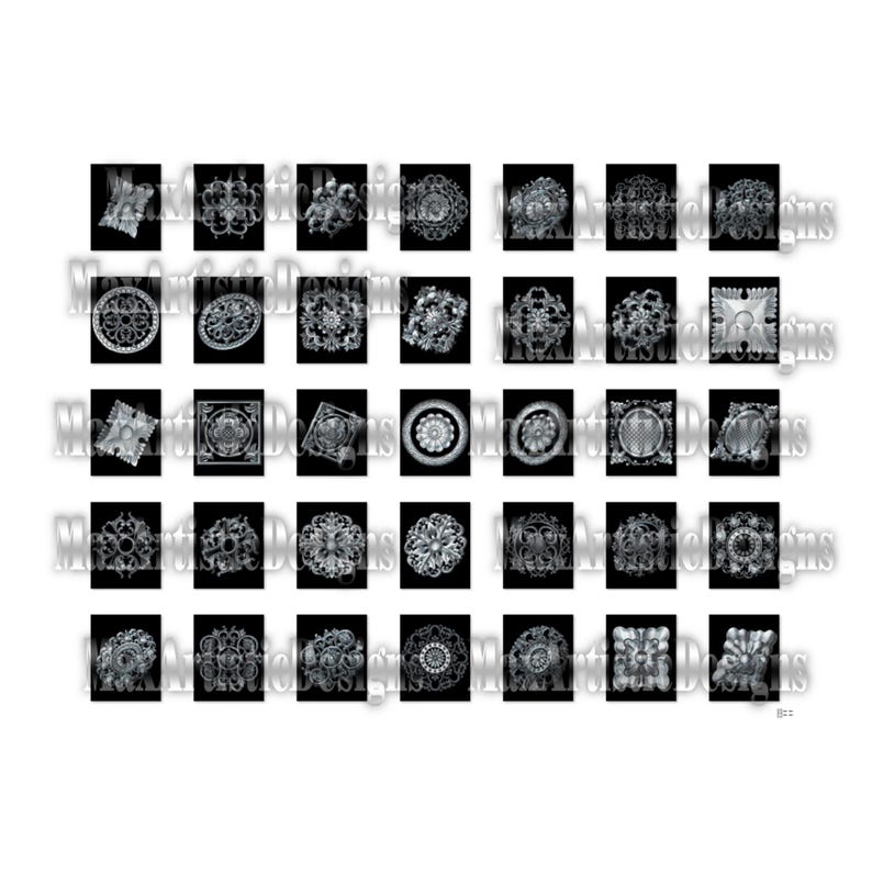 May include: A set of 36 black and white digital clipart images featuring intricate, geometric designs. The designs are reminiscent of traditional lace patterns and are perfect for adding a touch of elegance to any project.