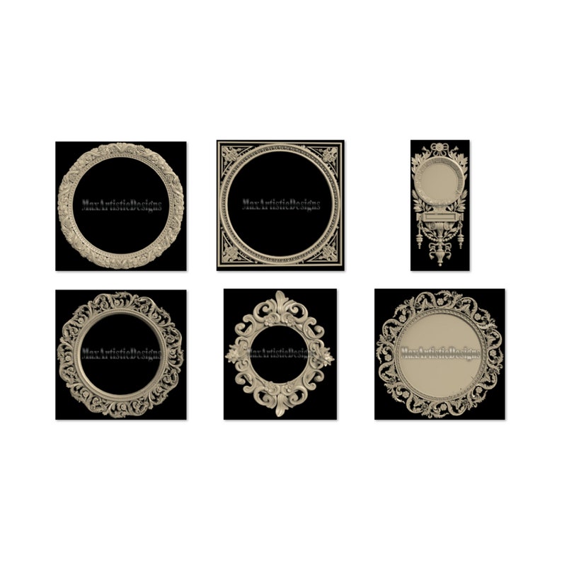 Puede incluir: Conjunto de seis espejos ornamentados, decorativos, dorados, enmarcados con tallas intrincadas. Los marcos son todos de dise&ntilde;os diferentes, pero comparten un estilo similar. Los espejos son todos redondos y tienen un fondo negro.