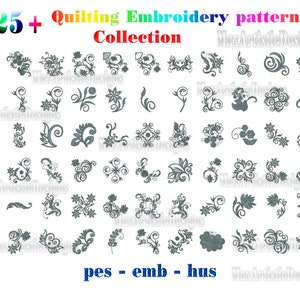 May include: A collection of 525+ quilting embroidery patterns in grey on a white background. The text "pes - emb - hus" is at the bottom of the image.