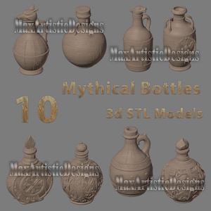 Puede incluir: Diez modelos STL imprimibles en 3D de botellas míticas. Las botellas son de varias formas y tamaños, con detalles y diseños intrincados. Las botellas son de color marrón claro.