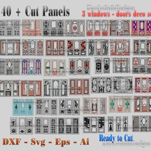 May include: A digital download of 40+ cut panels for windows and doors. The designs are intricate and detailed, with a variety of styles and patterns. The image shows a collection of black and white designs, with some featuring red and blue accents. The text "MaxArtisticDesigns" and "Ready to Cut" are visible in the image.