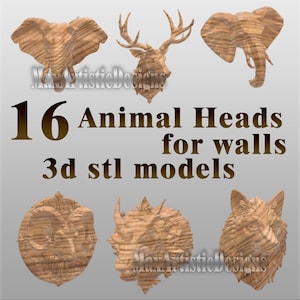 Op de afbeelding: Een verzameling 3D-dierenkopmodellen voor wanddecoratie. De afbeelding toont verschillende gebeeldhouwde houten dierenkoppen, waaronder een olifant, een hert en een wolf. De tekst luidt "16 Animal Heads for walls 3d stl models."