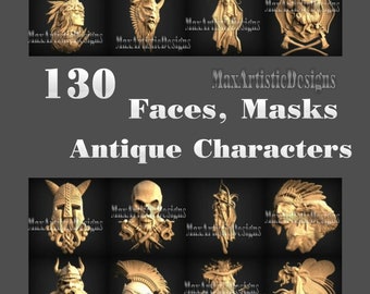 130 3d stl models Faces, masks, antique characters relief engraving carving files for cnc machines 3d printers - Download