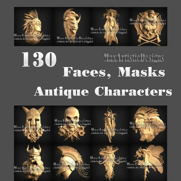 130 3d stl models Faces, masks, antique characters relief engraving carving files for cnc machines 3d printers - Download