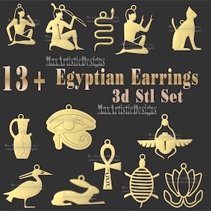 Peut inclure: Un ensemble de 13 boucles d'oreilles de style égyptien imprimées en 3D de couleur dorée. Les boucles d'oreilles présentent divers motifs, notamment l'œil d'Horus, un ankh, un scarabée, une fleur de lotus, un serpent, un chat, un héron, un lapin et une tortue. Les boucles d'oreilles sont conçues pour être portées comme des bijoux.