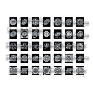 May include: A set of 36 black and white decorative ceiling medallions. The medallions feature a variety of intricate designs, including floral, geometric, and abstract patterns.
