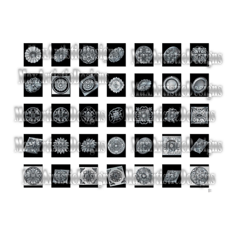 May include: A set of 36 black and white decorative ceiling medallions. The medallions feature a variety of intricate designs, including floral, geometric, and abstract patterns.