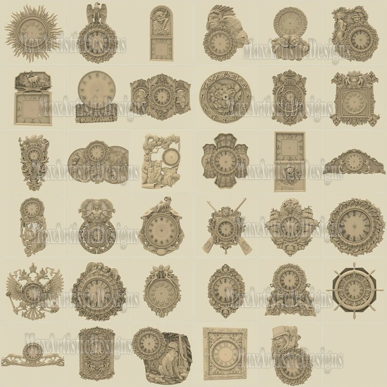 May include: A collection of 25 intricate clock face designs, each with unique ornate details and carvings. The clocks are in various styles, including traditional, rustic, and modern. The designs are perfect for woodcarving, laser cutting, or CNC projects.