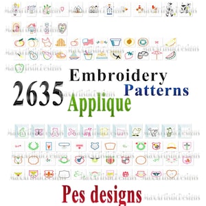 May include: A collection of embroidery and applique patterns. The image displays a grid of small, colorful designs, including animals, fruits, and patriotic symbols. The text reads "Embroidery Patterns" and "Applique", with the number "2635" prominently displayed.