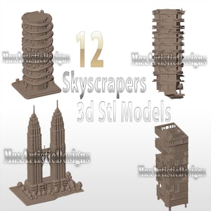 May include: Four brown 3D models of skyscrapers are displayed against a white background. The image includes the text "12 Skyscrapers 3d Stl Models". The models vary in design, showcasing different architectural styles.