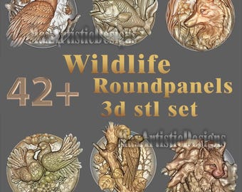 42 + 3d stl Wildlife round plates bas relief for cnc router engraving - Download