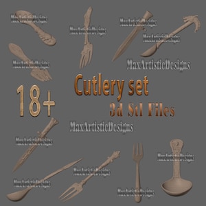 Könnte beinhalten: Ein Set mit über 18 3D-druckbaren STL-Dateien für ein Besteckset. Das Set enthält ein Messer, eine Gabel, einen Löffel und andere Utensilien. Die Dateien sind für den 3D-Druck konzipiert und zum Download verfügbar.