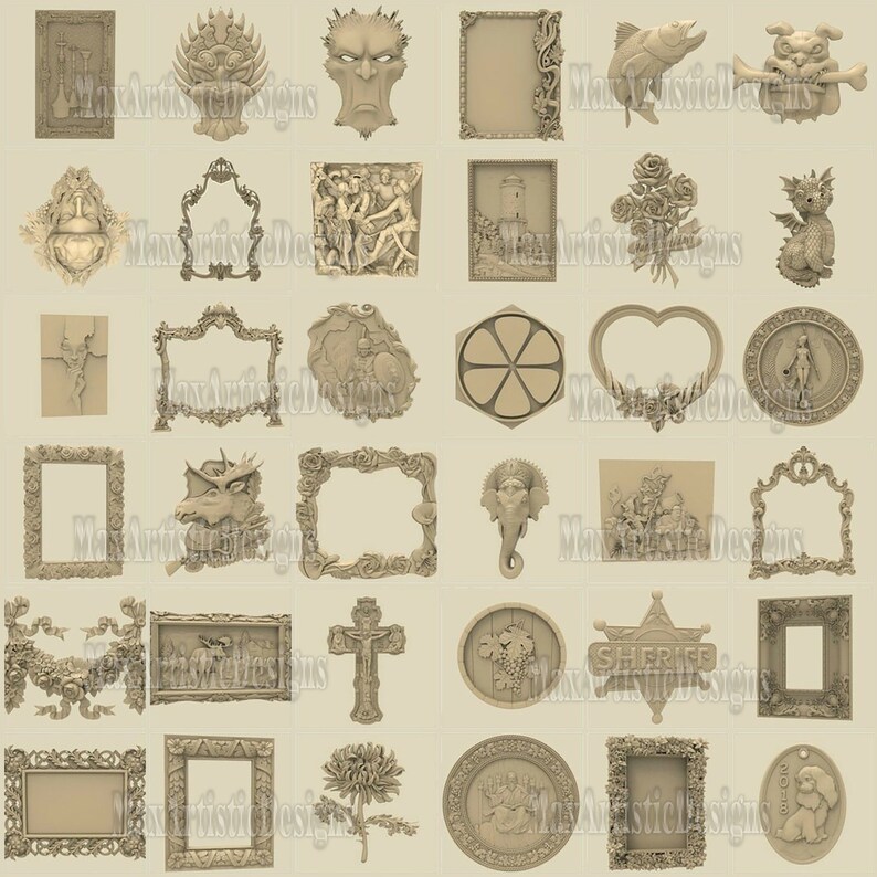 May include: A collection of 25 3D-printed decorative designs, including frames, religious symbols, animals, and floral motifs. The designs are all in a beige color and have a textured, carved appearance.