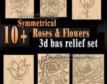 12 bloemen 3D STL-paneel: symmetrische rozen en bloemen CNC-router Clipart - downloaden