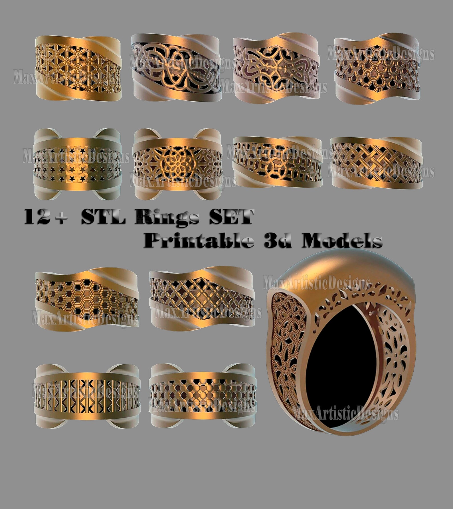 STL Jewelry 12 Pieces 3D Print File Jewelry Gold Silver Etsy