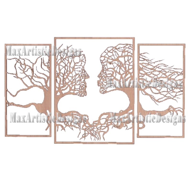 May include: A three-panel wooden wall art piece. The central panel features two faces formed by tree branches, with roots intertwining below. The side panels depict trees. The artwork is a light brown colour.