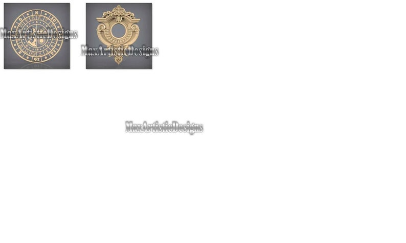 May include: Two decorative wooden carvings. One is a circular compass design with an anchor, numbers, and text. The other is an ornate, oval-shaped frame with a central opening. The text "MaxArtisticDesigns" is also visible.