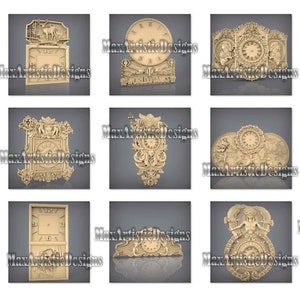 May include: A collection of intricately carved wooden clock designs. Each clock features unique decorative elements, including floral patterns, figures, and architectural details. The clocks are displayed against a gray background.