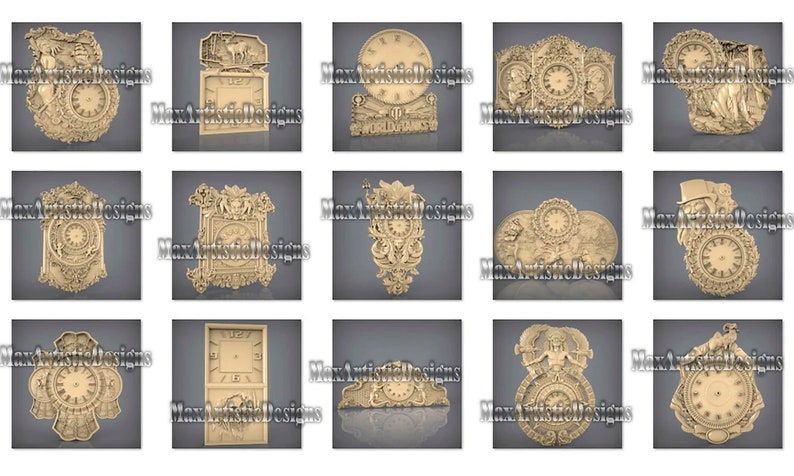 May include: A collection of intricately carved wooden clock designs. Each clock features unique decorative elements, including floral patterns, figures, and architectural details. The clocks are displayed against a gray background.