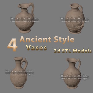 May include: Four ancient-style vases in a neutral color are displayed against a gray background. The vases have handles and decorative relief patterns. The text "4 Ancient Style Vases 3d STL Models" is also present.
