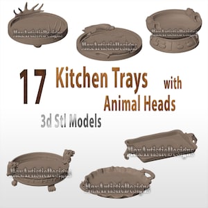 May include: A selection of 17 kitchen trays featuring animal head designs, presented as 3D STL models. The trays vary in shape and size, each with animal head detailing. Text reads "17 Kitchen Trays with Animal Heads".