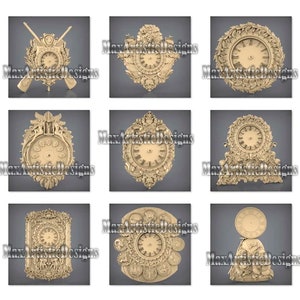 May include: A collection of intricately carved clock designs in a warm, golden hue. Each design features a clock face with Roman numerals, surrounded by ornate details. The clocks vary in shape and style, showcasing a range of decorative elements.