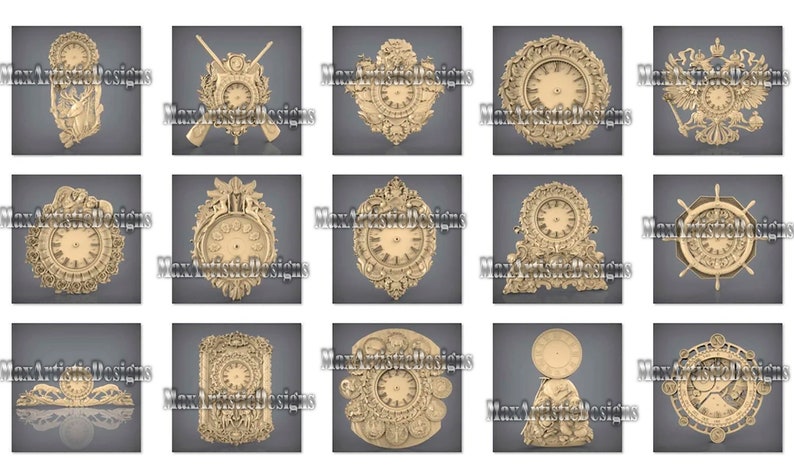 May include: A collection of intricately carved clock designs in a warm, golden hue. Each design features a clock face with Roman numerals, surrounded by ornate details. The clocks vary in shape and style, showcasing a range of decorative elements.