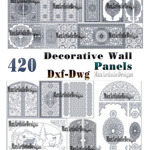 Puede incluir: Una colección de 420 paneles decorativos de pared en blanco y negro. Los paneles están etiquetados como "Paneles decorativos de pared" y "Dxf-Dwg MaxArtisticDesigns".