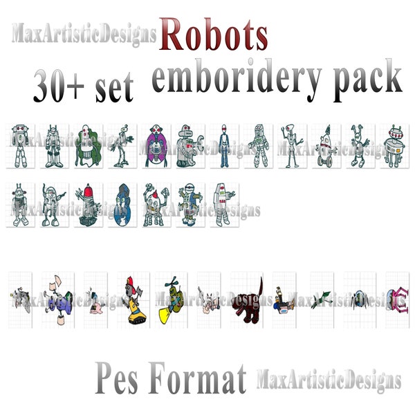 30+ Robots Machine embroidery designs patterns - pes format digital download