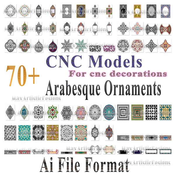 Plus de 70 fichiers d'ornement arabesques arabes, décoration cnc pour mur de cuisine et plus encore format ai pour découpe laser plasma - vecteurs cnc - téléchargement