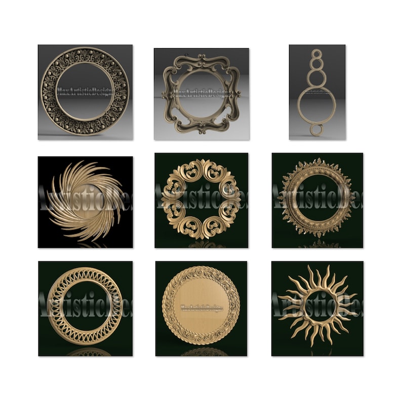 Puede incluir: Nueve marcos circulares de madera decorativos y ornamentados con dise&ntilde;os intrincados. Los marcos son todos de color dorado y tienen una variedad de patrones, incluidos dise&ntilde;os florales, geom&eacute;tricos y de rayos de sol.