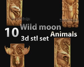 10 panelen met wilde dieren 3D-stl set onder de maan voor het snijden van cnc-routers - Download