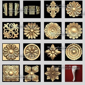 以下が含まれることがあります： 金色の仕上げの3Dプリント可能な装飾要素のコレクション。デザインには、花柄、幾何学模様、建築的ディテールが含まれています。これらの要素は、家具、インテリア、その他のプロジェクトに使用できます。