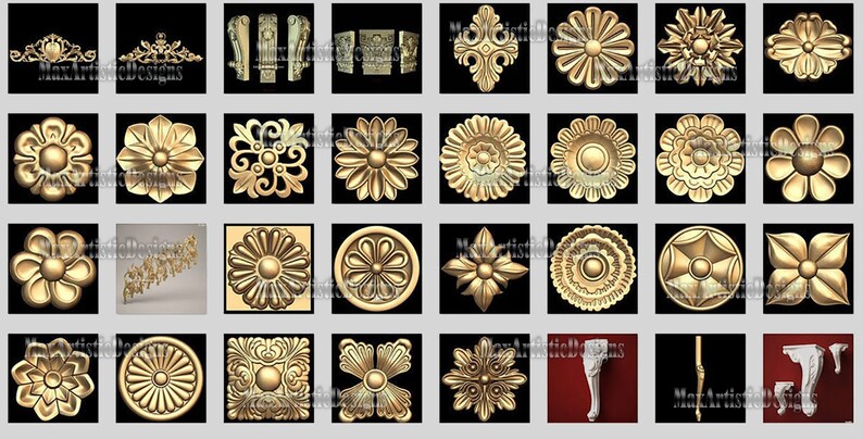 以下が含まれることがあります： 金色の仕上げの3Dプリント可能な装飾要素のコレクション。デザインには、花柄、幾何学模様、建築的ディテールが含まれています。これらの要素は、家具、インテリア、その他のプロジェクトに使用できます。