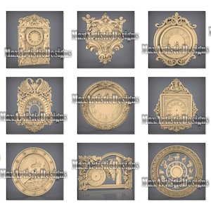 May include: A collection of intricately carved clock faces and frames, showcasing various ornate designs. The clocks feature Roman numerals and decorative elements, with the text "MaxArtisticDesigns" repeated throughout.