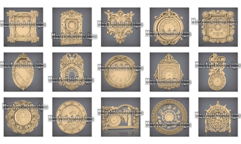 May include: A collection of intricately carved clock faces and frames, showcasing various ornate designs. The clocks feature Roman numerals and decorative elements, with the text "MaxArtisticDesigns" repeated throughout.