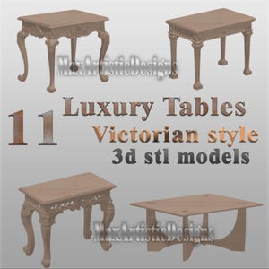 Puede incluir: Imagen que muestra cuatro mesas de estilo victoriano de color marrón claro. Las mesas varían en diseño, con tallas ornamentadas y patas curvas. El texto en la imagen dice "Luxury Tables Victorian style 3d stl models".