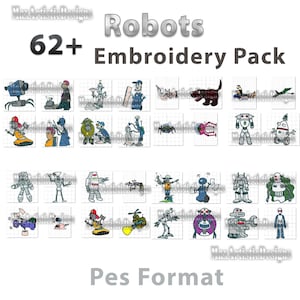 Puede incluir: Un paquete de descarga digital de más de 62 diseños de bordado con robots en varias poses y estilos. Los diseños están en formato PES.