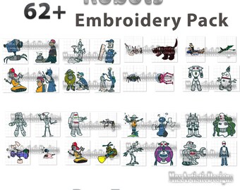 Könnte beinhalten: Ein digitales Download-Paket mit über 62 Stickmotiven, die Roboter in verschiedenen Posen und Stilen zeigen. Die Designs sind im PES-Format.
