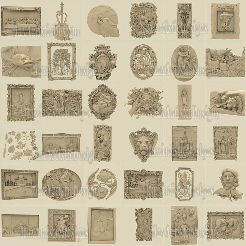 May include: A collection of 3D carved wooden wall decor panels featuring various designs, including animals, religious scenes, and nature scenes. The panels are all in a light brown color and have a detailed, intricate design.