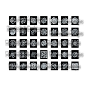 May include: A set of 36 black and white decorative design elements. The designs are intricate and detailed, featuring floral, geometric, and abstract patterns.