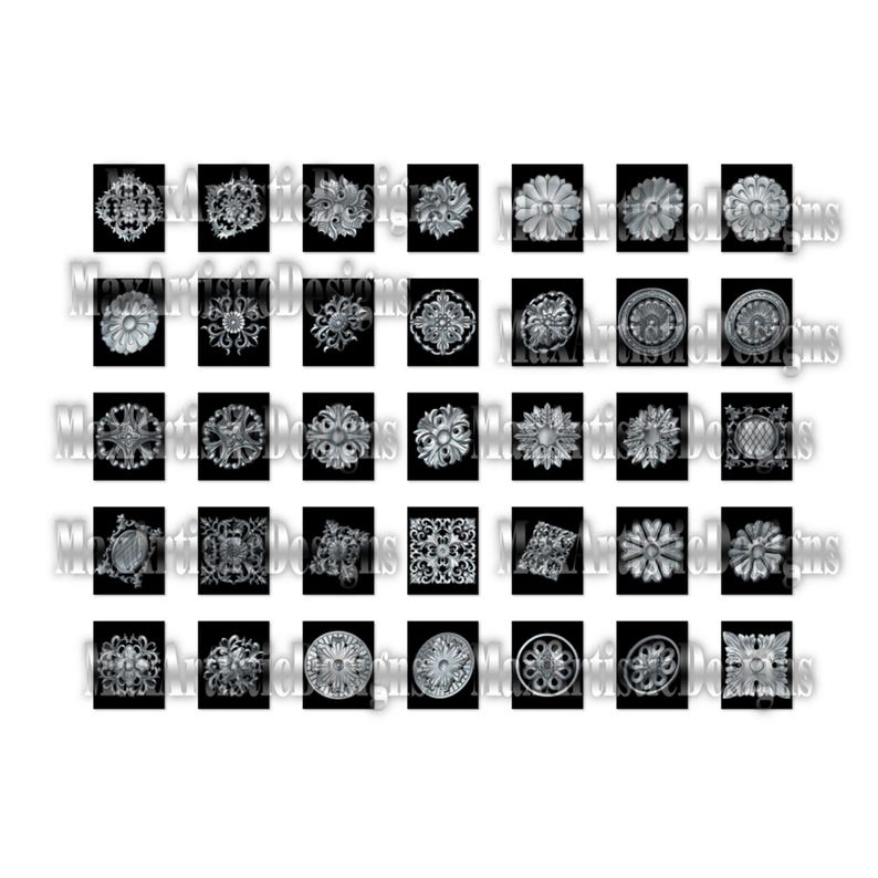 May include: A set of 36 black and white decorative design elements. The designs are intricate and detailed, featuring floral, geometric, and abstract patterns.