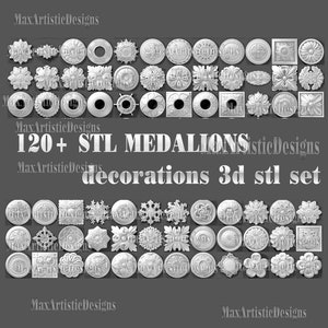 以下が含まれることがあります： 装飾的なメダル用の3Dプリント可能なSTLファイル120個以上のコレクション。画像は、丸形、正方形、花の形など、さまざまなデザインを示しています。メダルは、あらゆるプロジェクトにエレガントなタッチを加えるのに最適です。