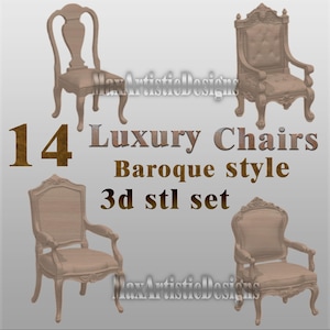 May include: Four light brown Baroque style chairs are displayed. The text reads "14 Luxury Chairs Baroque style 3d stl set". The chairs have ornate details and curved legs. The image has a watermark that reads "MaxArtisticDesigns".