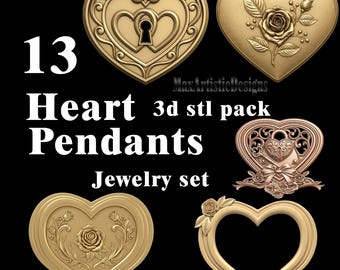13 Heart Pendant 3D stl Models - Jewelry Files for CNC Router - Download
