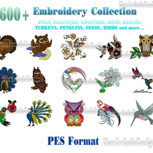 Peut inclure: Une collection de plus de 1 600 motifs de broderie au format PES représentant des hiboux, des paons, des coqs, des poules, des aigles, des dindes, des pingouins, des oies et d'autres oiseaux.